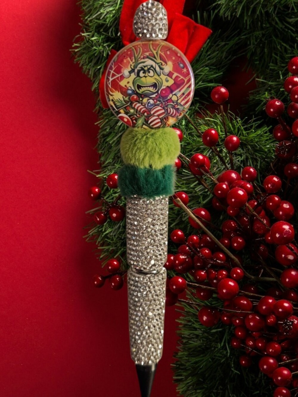 Holiday Grinch Crystal Pen with Green Pom-Pom Accent